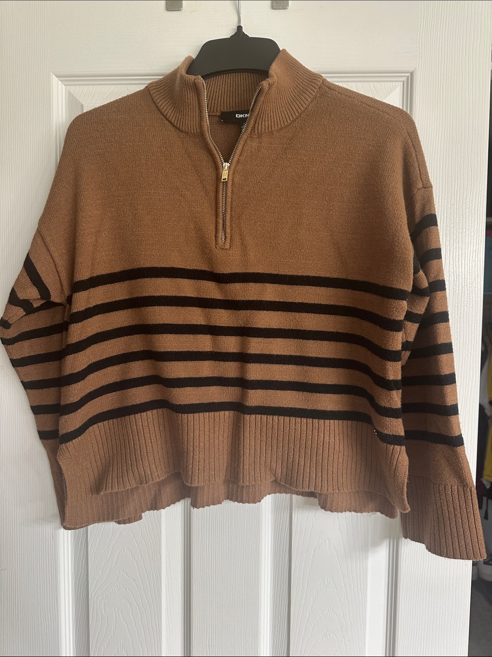 DKNY Women’s Tan and Black Striped Half-Zip Sweater